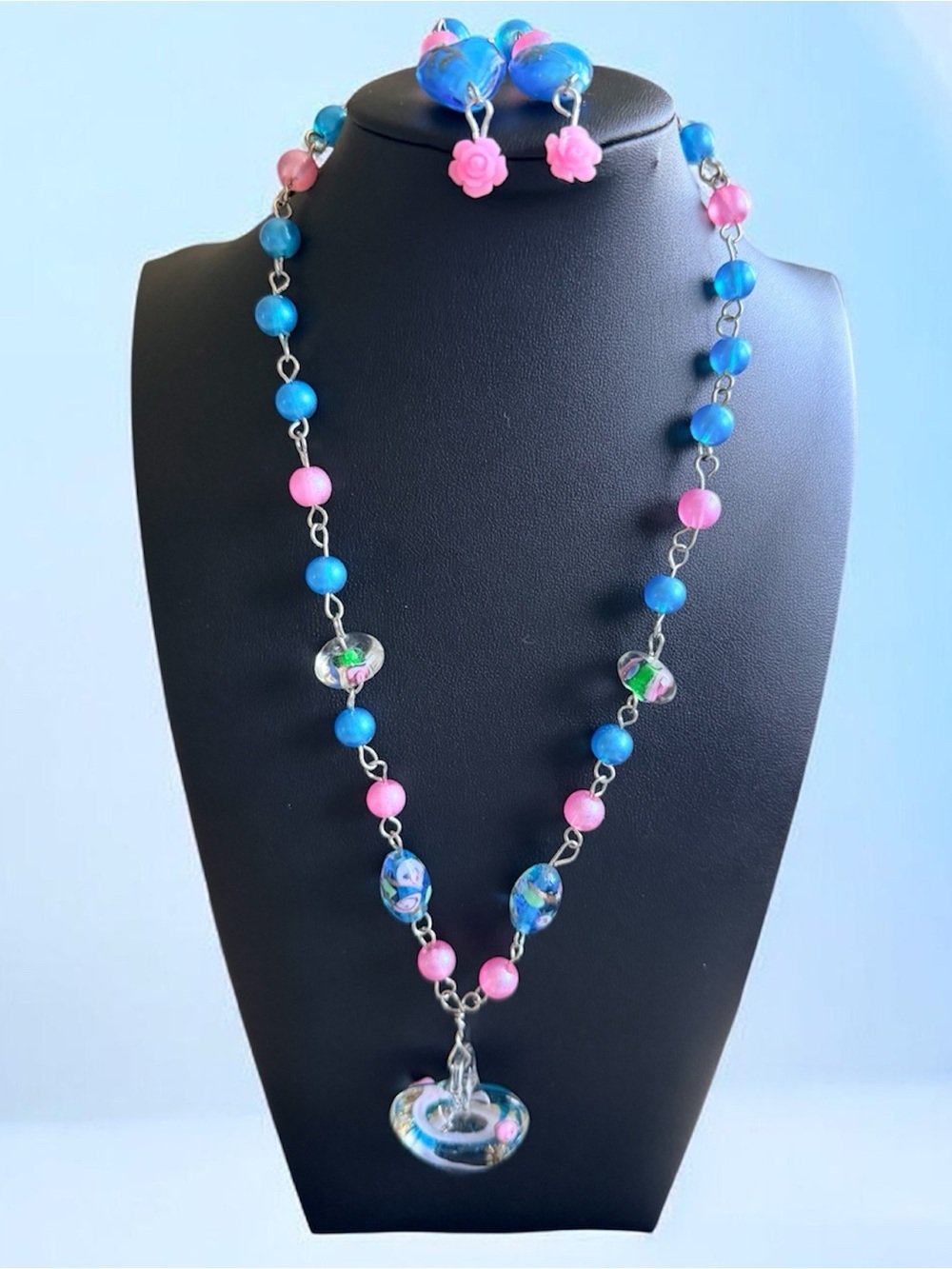 Blue and Pink Glass Bead Necklace with Heart Pendant